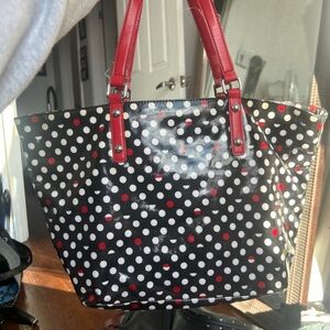 DKNY Black Polka Dot Tote Bag with Red Handles